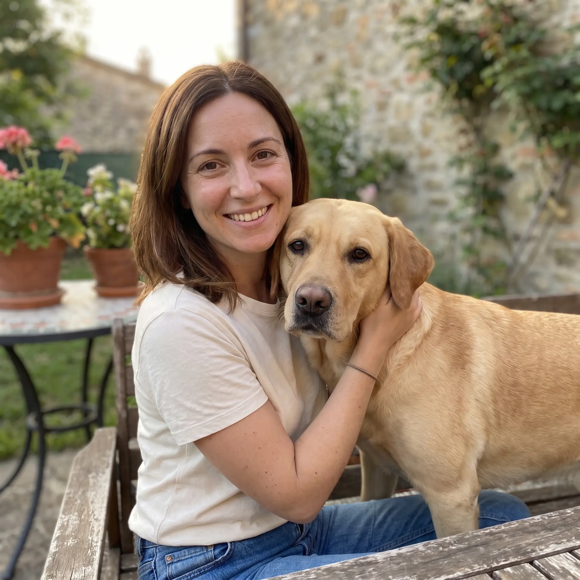Otto, Labrador, abbracciato in giardino