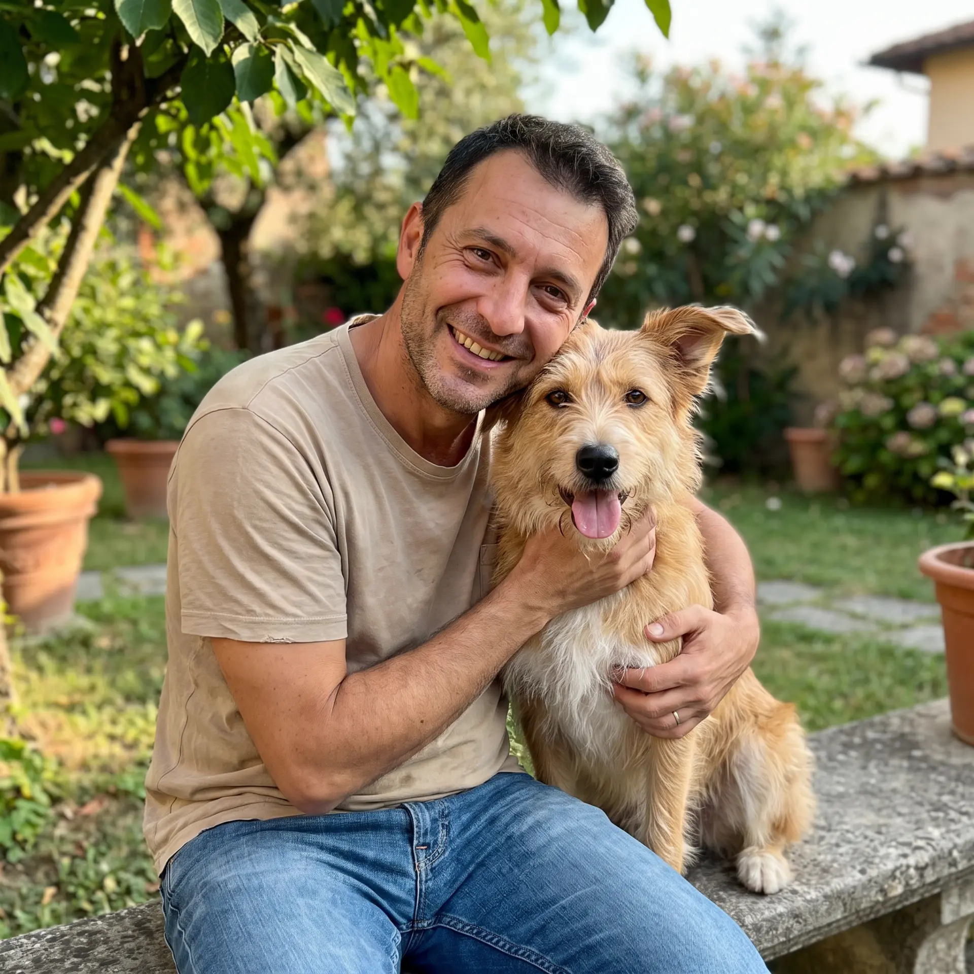Pepe, meticcio adottato, seduto su una panca